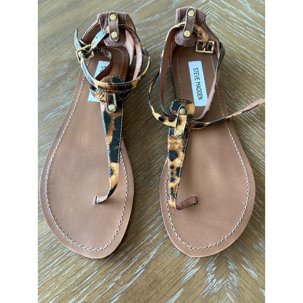 Steve Madden Serrious Leopard Print Gladiator Sandals Womens 8.5 Brown T-Strap